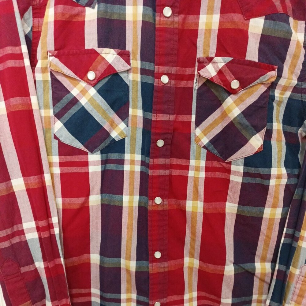 Women's Levi's Plaid Red/Blue/Gold Pearl Snap Western Shirt W/Pockets Small - Picture 2 of 6